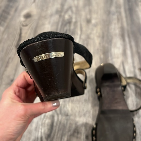 Jimmy Choo Black Embossed Leather Clog Sandals Studded Wood Heel Size 8 - Picture 7 of 13